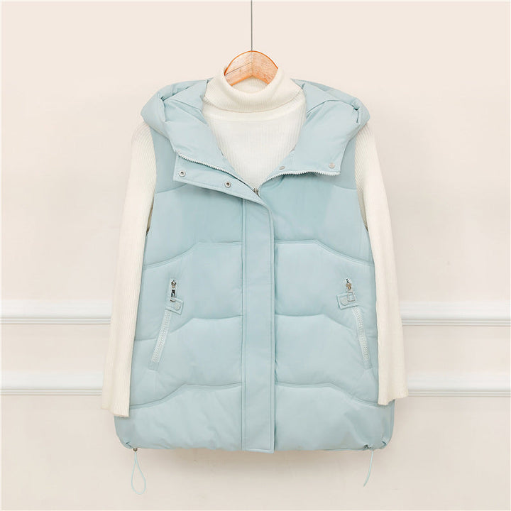 Women's padded hooded vest with drawstring and zippered pockets
