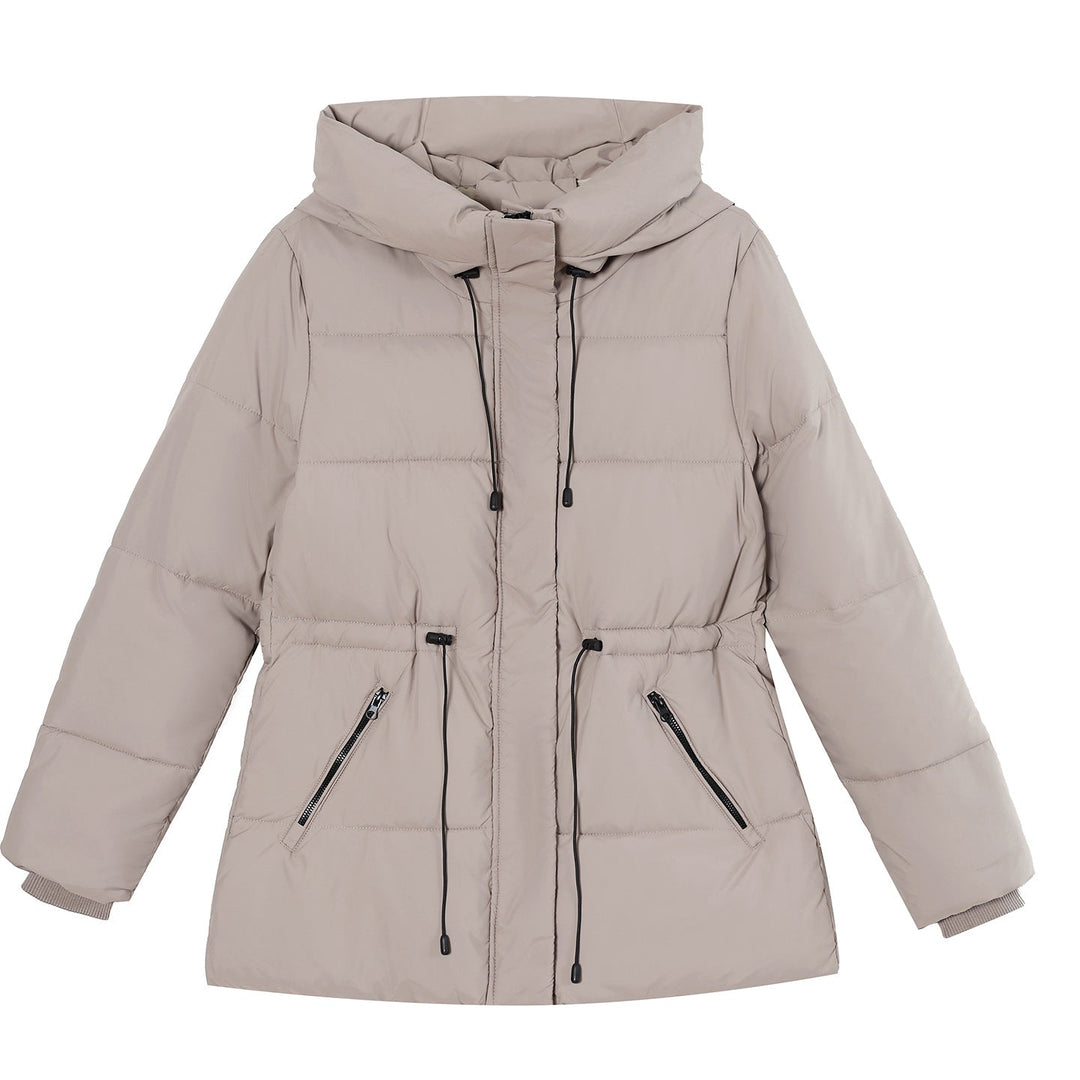 Women's padded hooded parka with an adjustable drawstring waist and ribbed cuffs