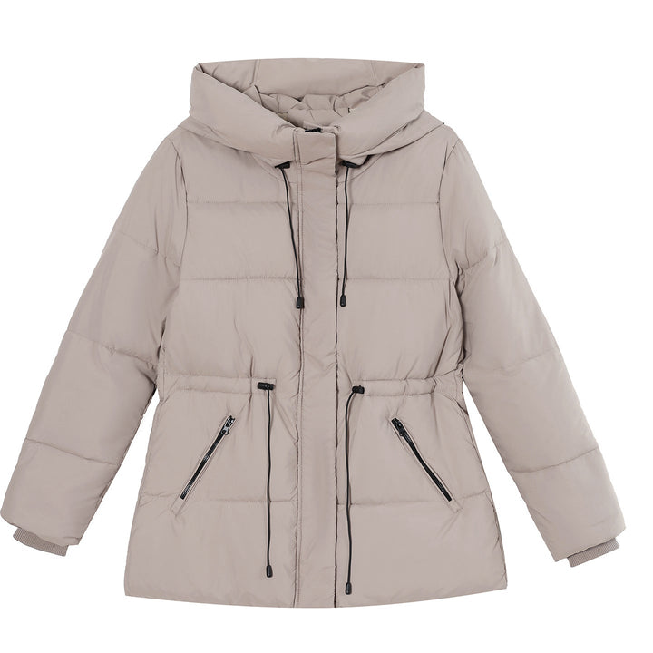 Women's padded hooded parka with an adjustable drawstring waist and ribbed cuffs