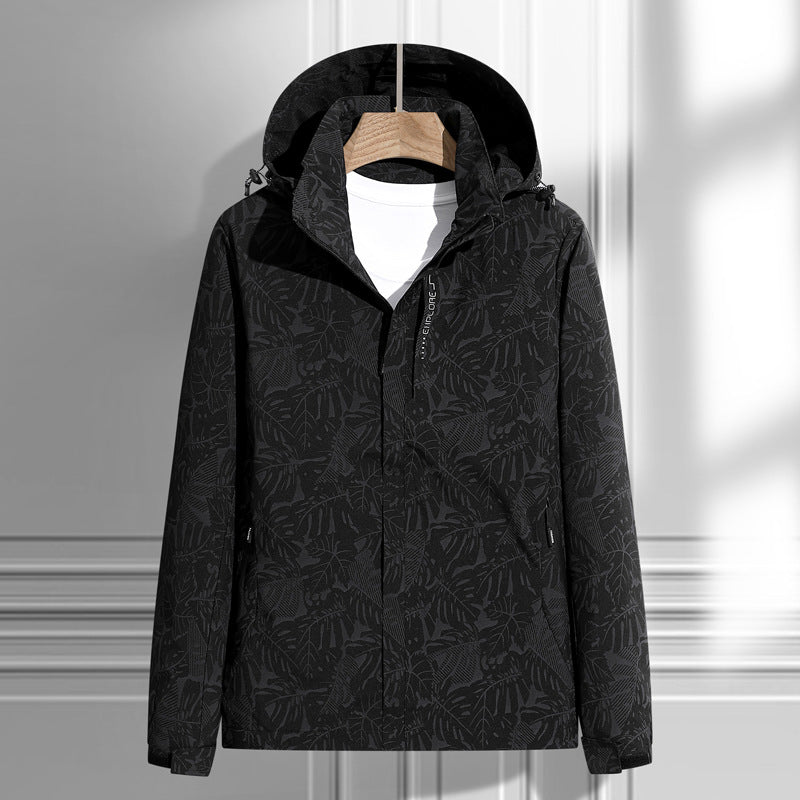 Women's Lightweight Packable Rain and Wind Jacket with Hood, Leaf Pattern