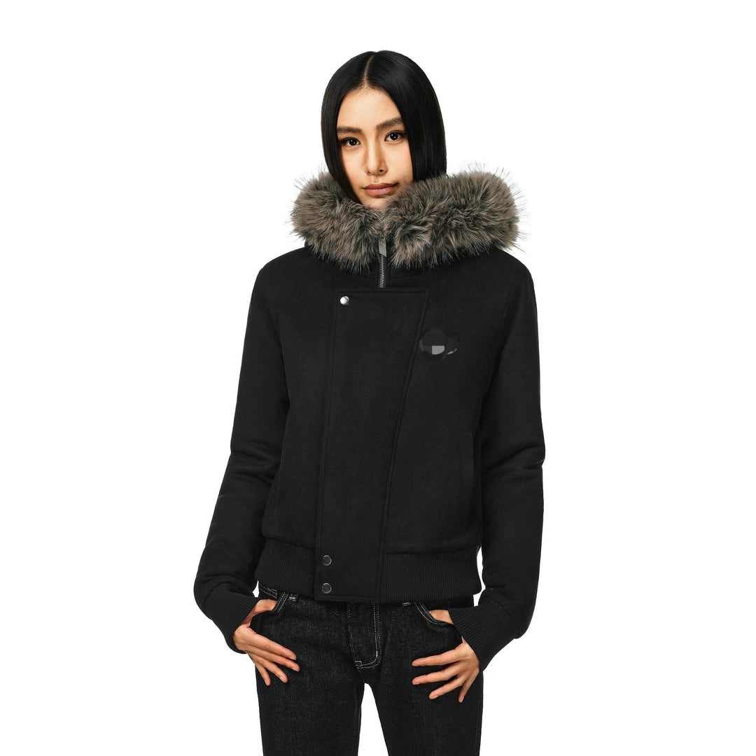 Women’s short bomber jacket with a voluminous hood and thumbhole cuffs