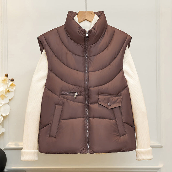 Women's quilted thermal vest with stand-up collar and multifunctional pockets