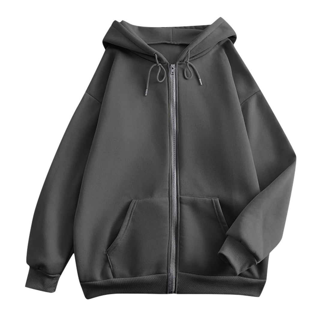 Women's oversized hooded jacket with zipper, kangaroo pockets, and ribbed cuffs