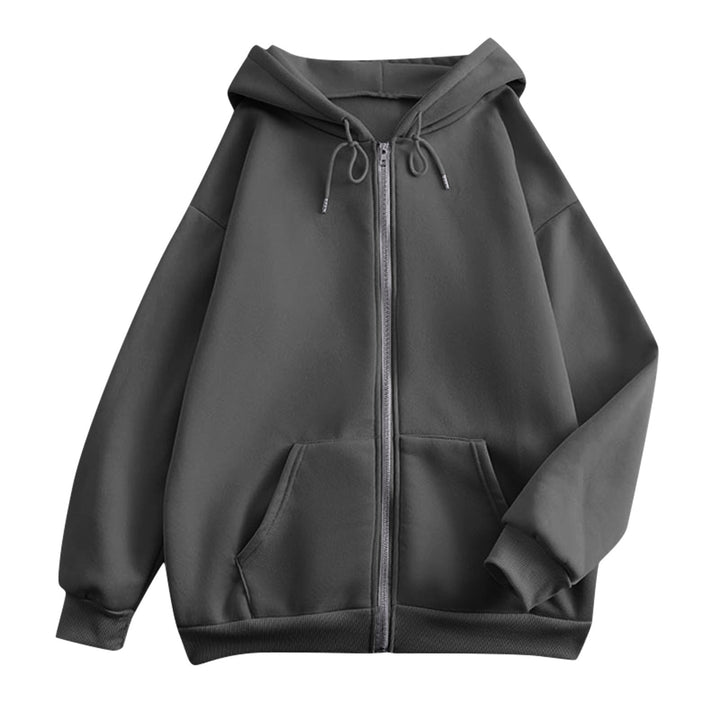 Women's oversized hooded jacket with zipper, kangaroo pockets, and ribbed cuffs
