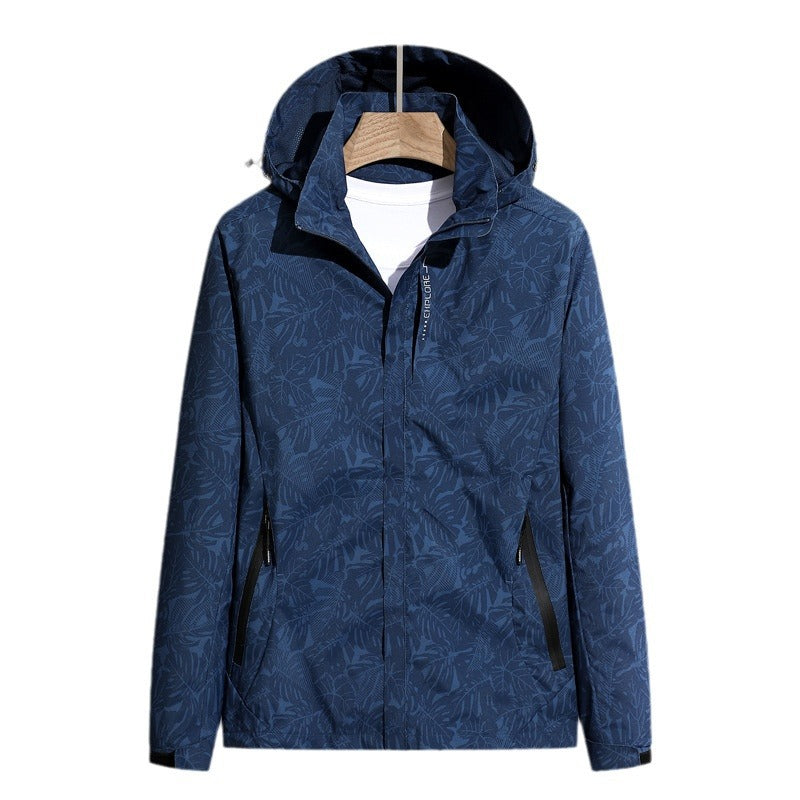 Women's Lightweight Packable Rain and Wind Jacket with Hood, Leaf Pattern