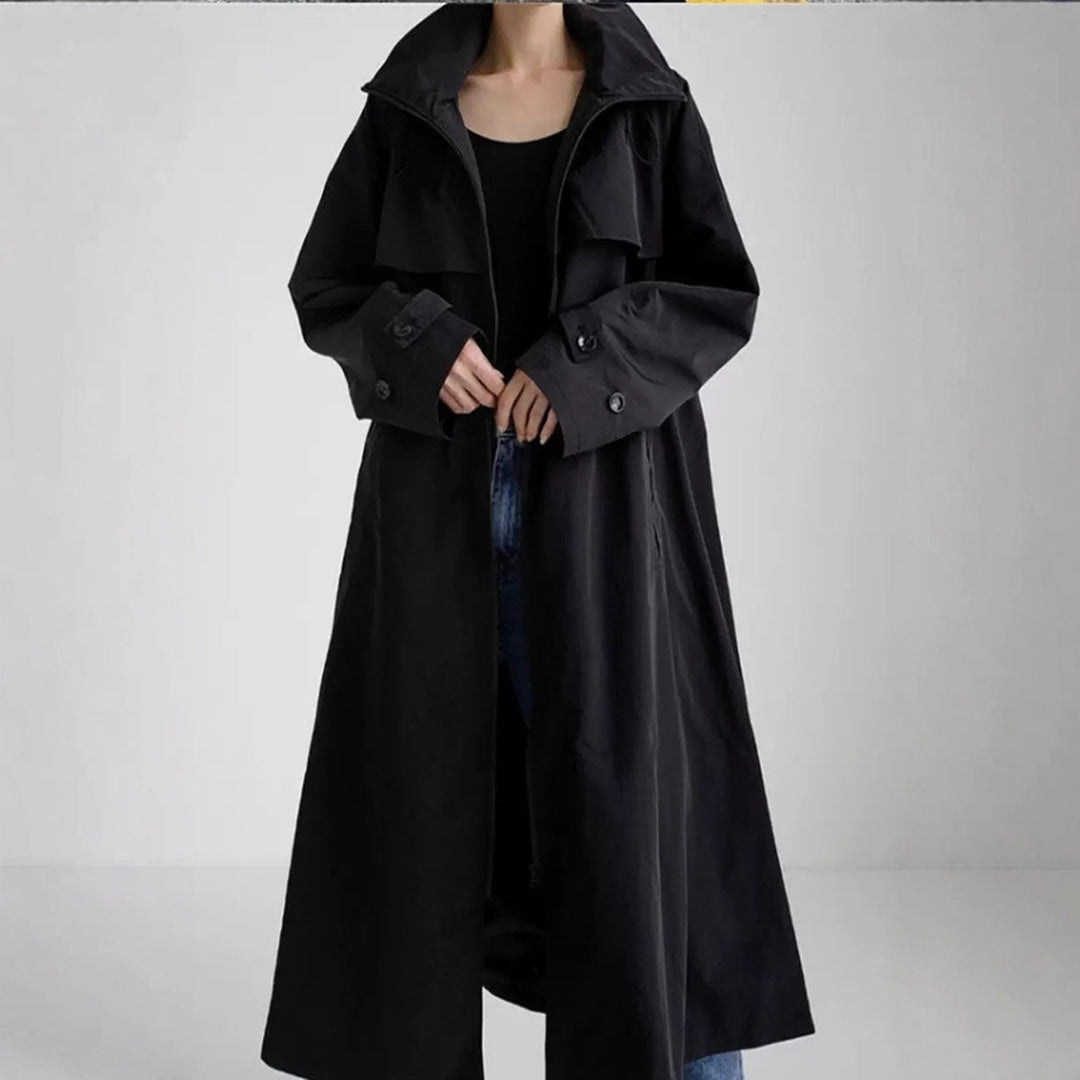 Women’s oversized maxi-length coat with hood and cape yoke