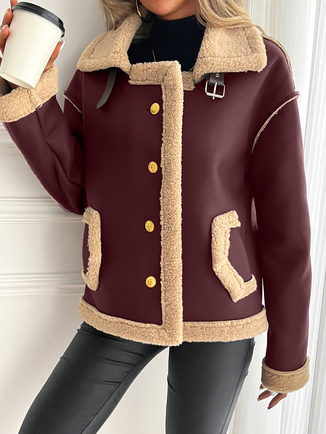 Women's teddy fleece jacket with button placket and side pockets