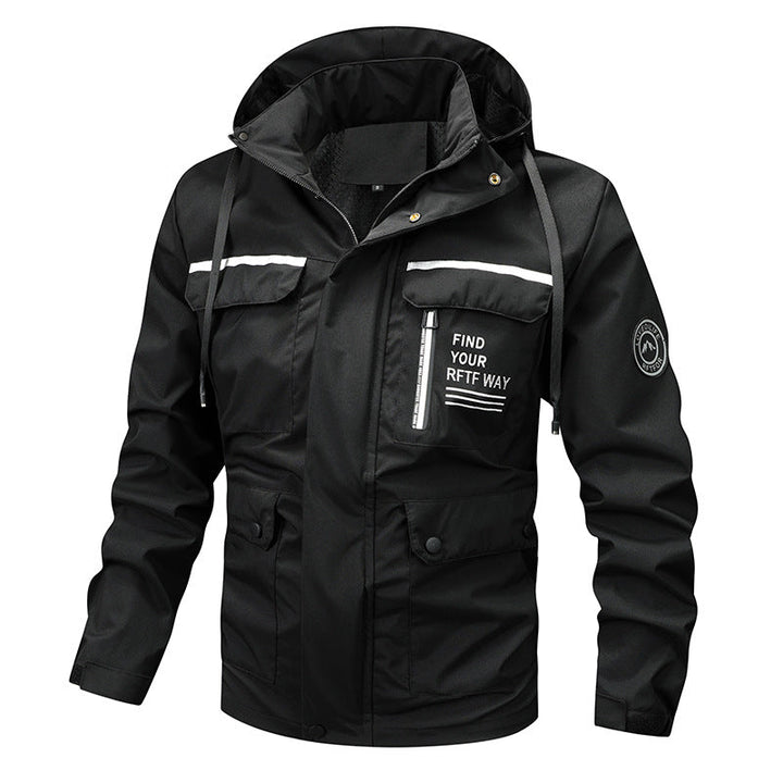 Men’s waterproof hooded rain jacket with a windproof membrane