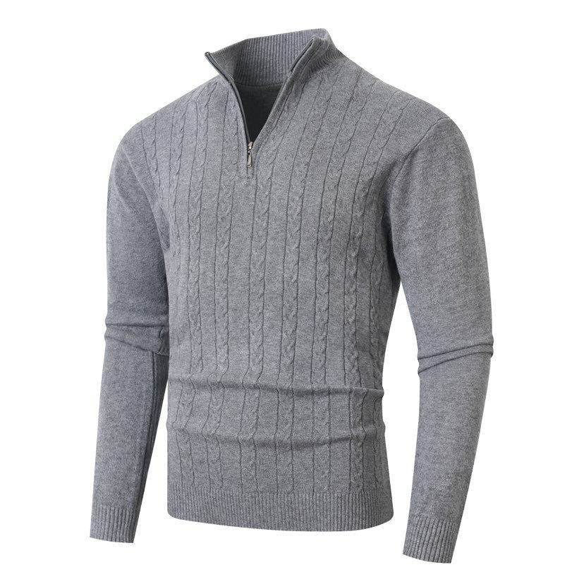 Men's cable-knit sweater with stand-up collar