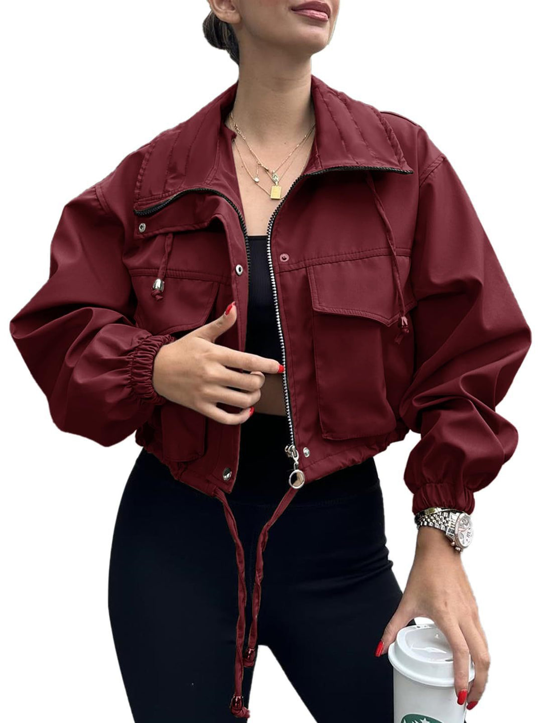 Women's cropped jacket with drawstring and elastic cuffs