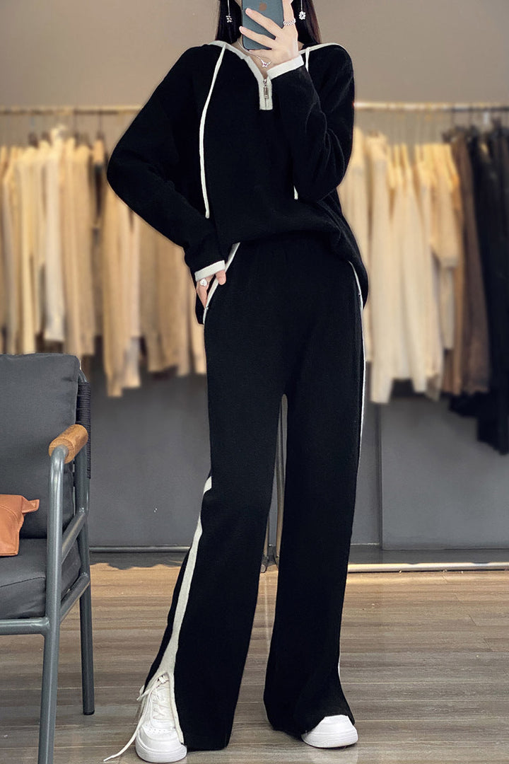 Women's two-piece set with a hood, wide-leg pants, and pockets