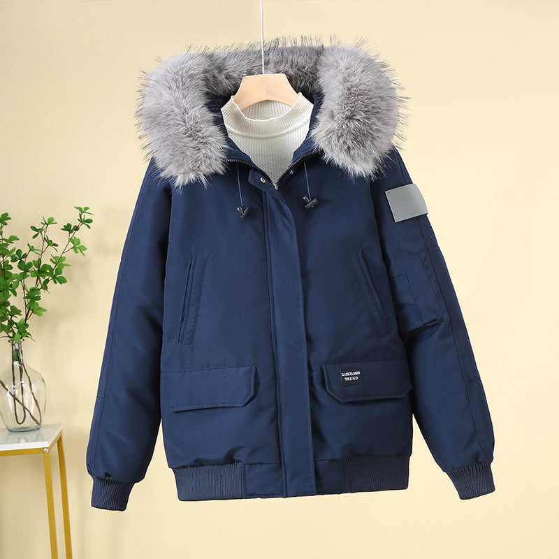 Women’s padded bomber jacket with detachable faux-fur hood and ribbed cuffs