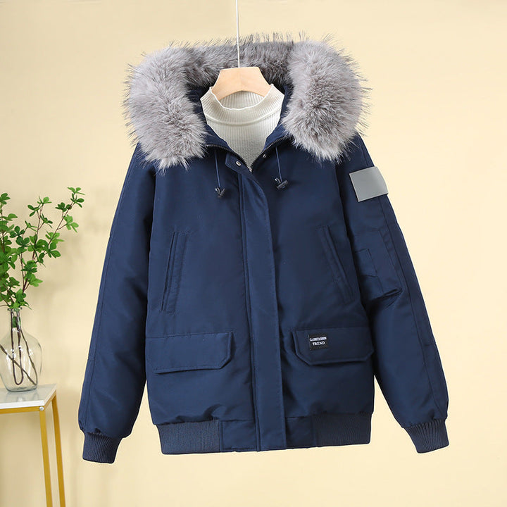 Women’s padded bomber jacket with detachable faux-fur hood and ribbed cuffs