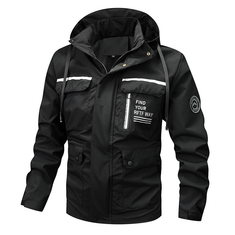 Men’s waterproof hooded rain jacket with a windproof membrane