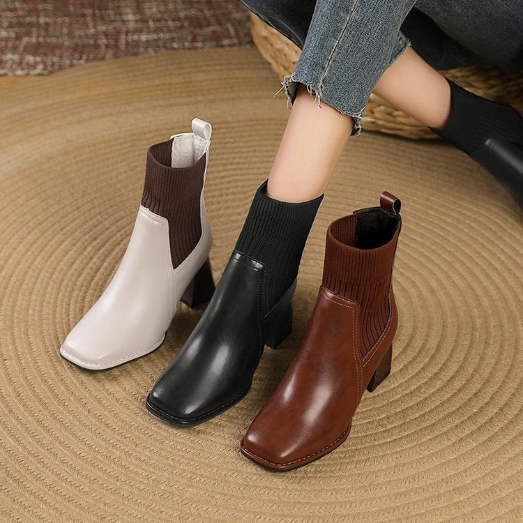 Women's chunky ankle boots with a knitted insert and sturdy heel