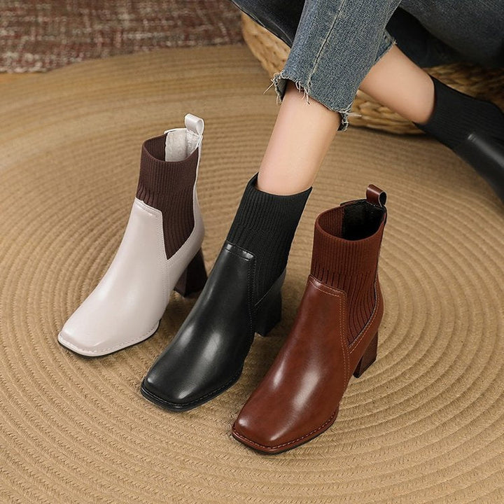 Women's chunky ankle boots with a knitted insert and sturdy heel