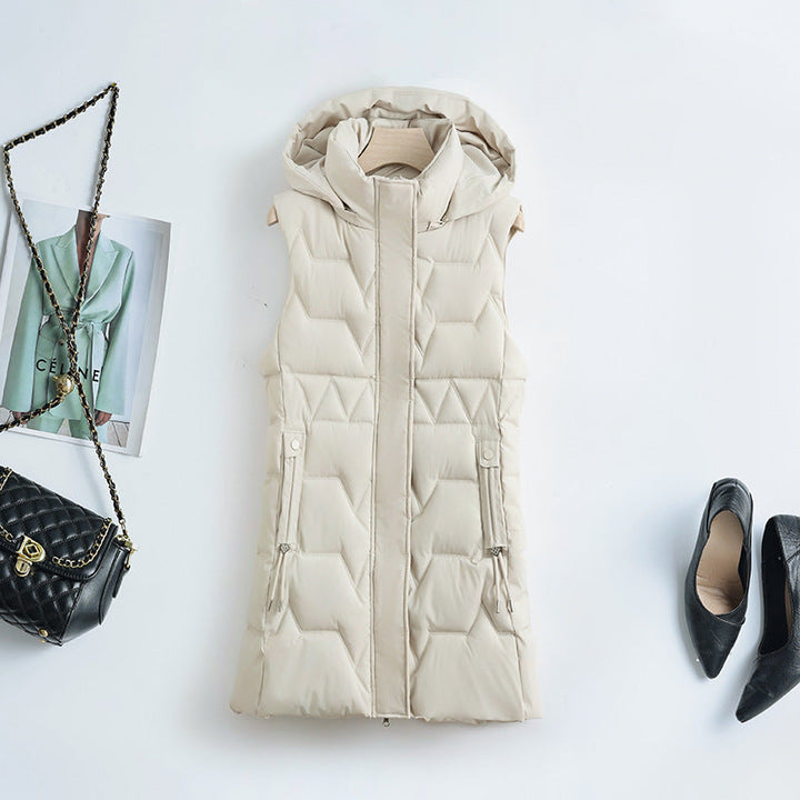 Women's sleeveless quilted long vest with a hood and adjustable drawstrings at the waist