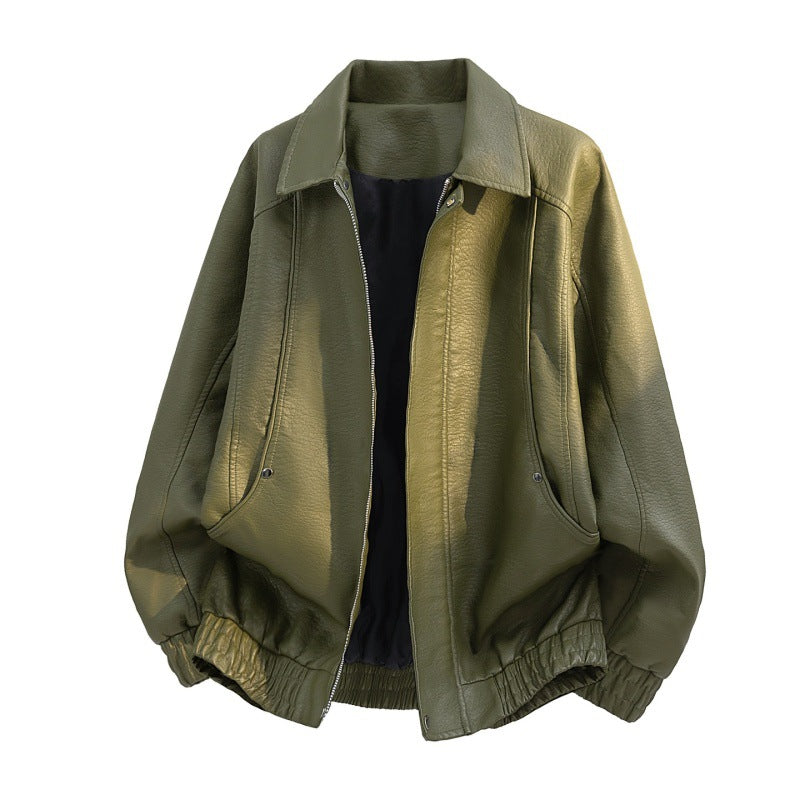 Men’s oversized faux leather field jacket with concealed zipper and pockets