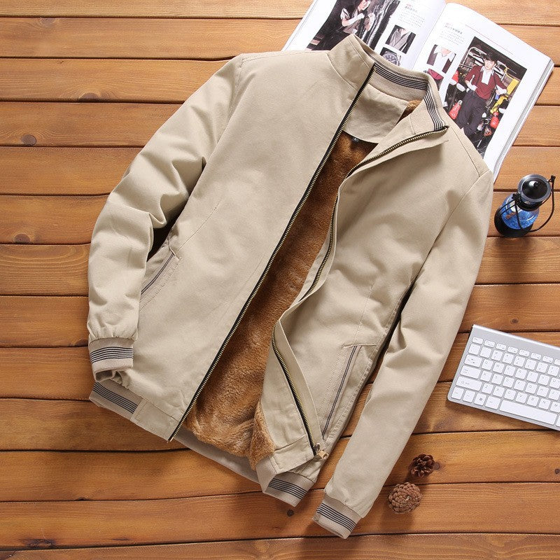 Men’s lightweight bomber-style jacket with a stand-up collar and striped ribbed cuffs