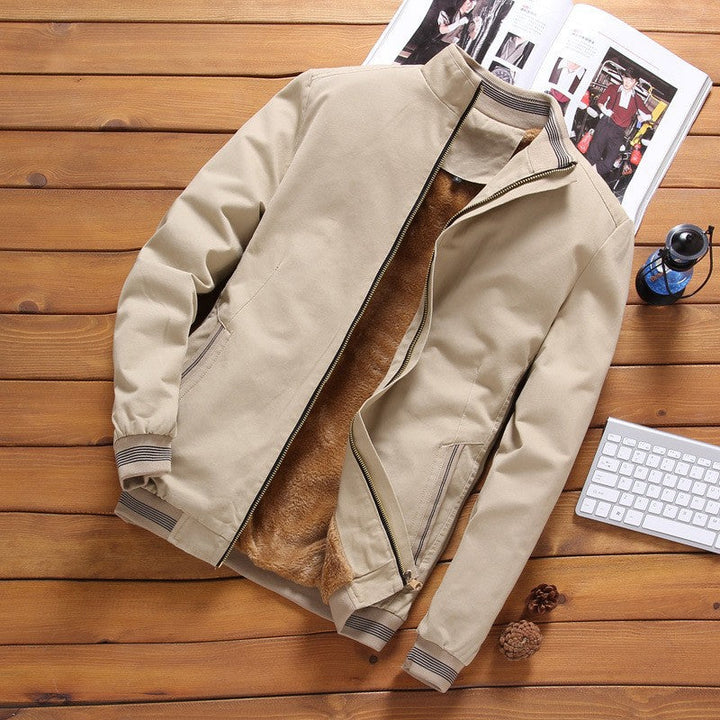 Men’s lightweight bomber-style jacket with a stand-up collar and striped ribbed cuffs