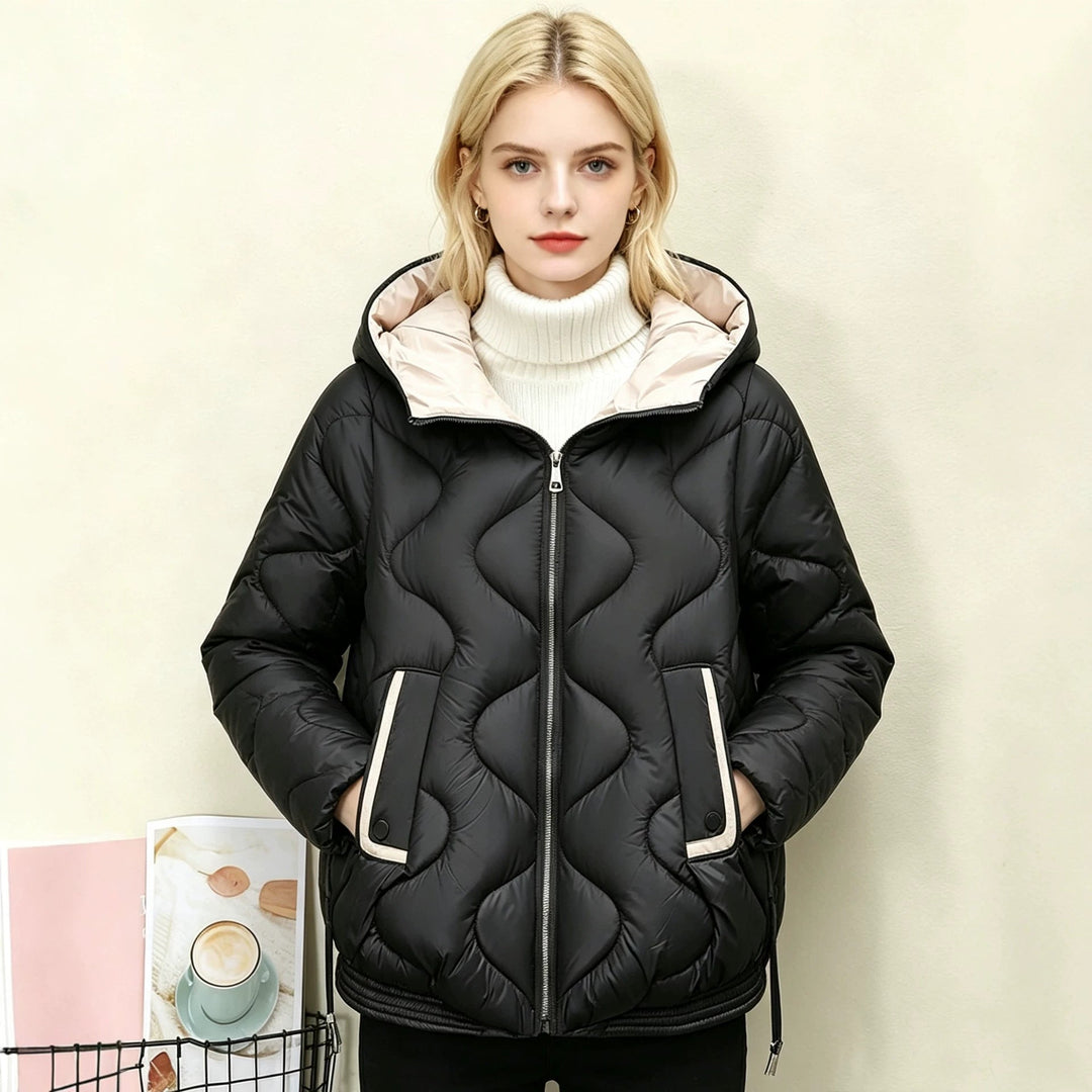 Women's padded short jacket with heart-shaped quilting, a rounded hem, and a hood