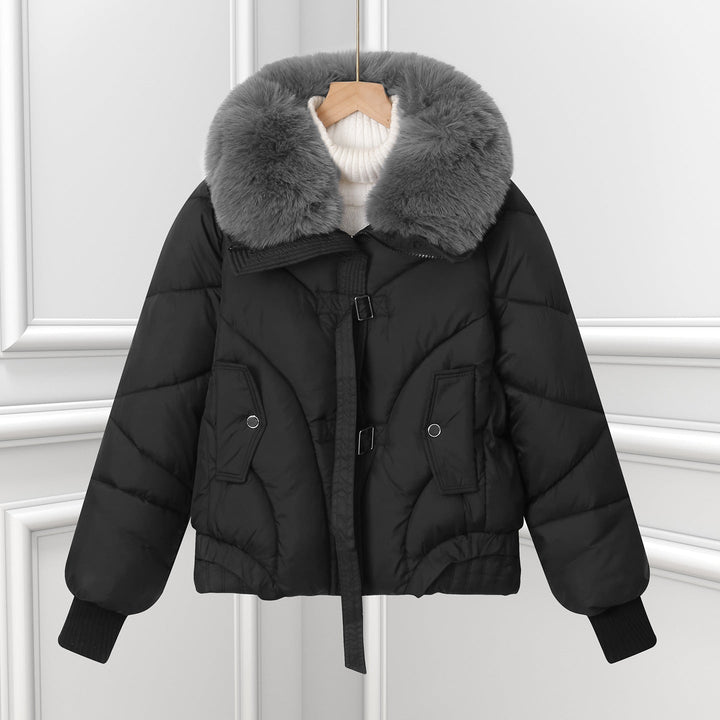 Women's short pilot jacket with a voluminous shawl collar and drawstring hem