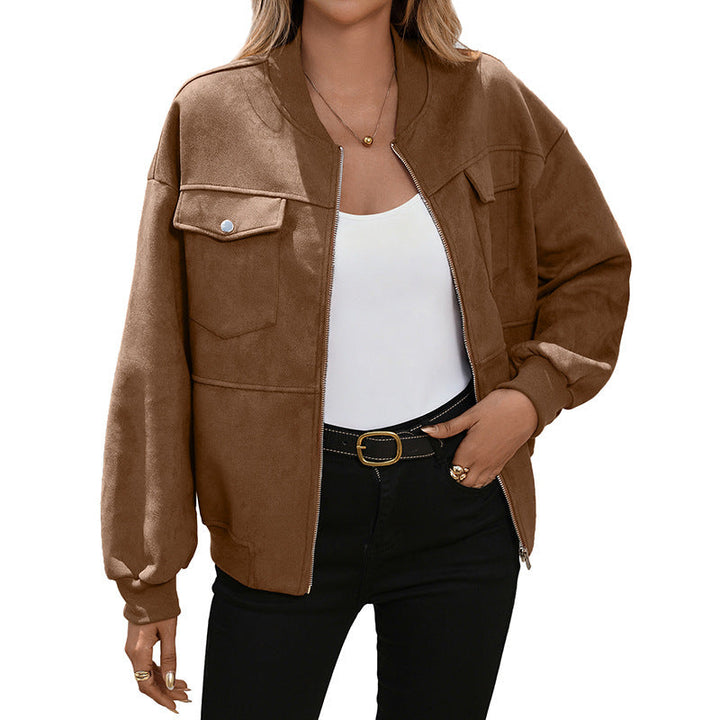 Women’s oversized bomber jacket with long sleeves and chest pockets