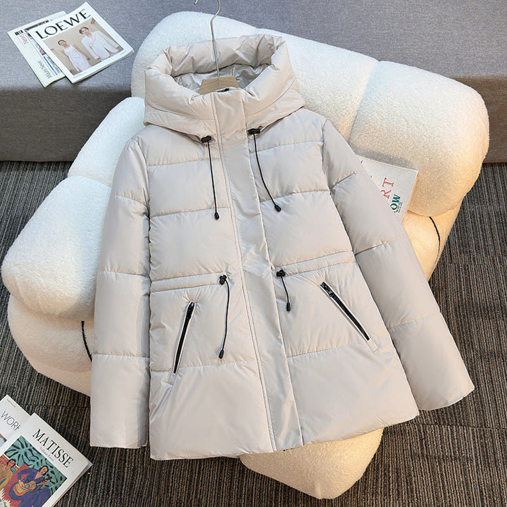 Women’s short padded hooded jacket with a high stand-up collar and drawstring