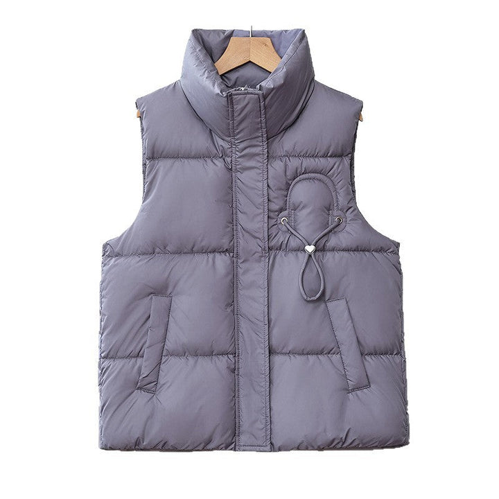 Women’s lightweight quilted padded vest with a high stand-up collar and cord trim