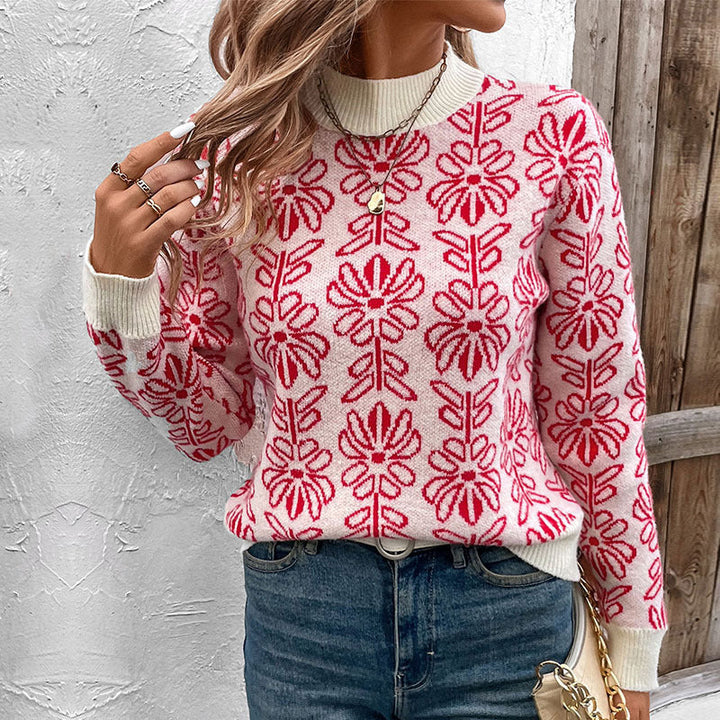 Women's round-neck sweater with floral pattern and ribbed cuffs