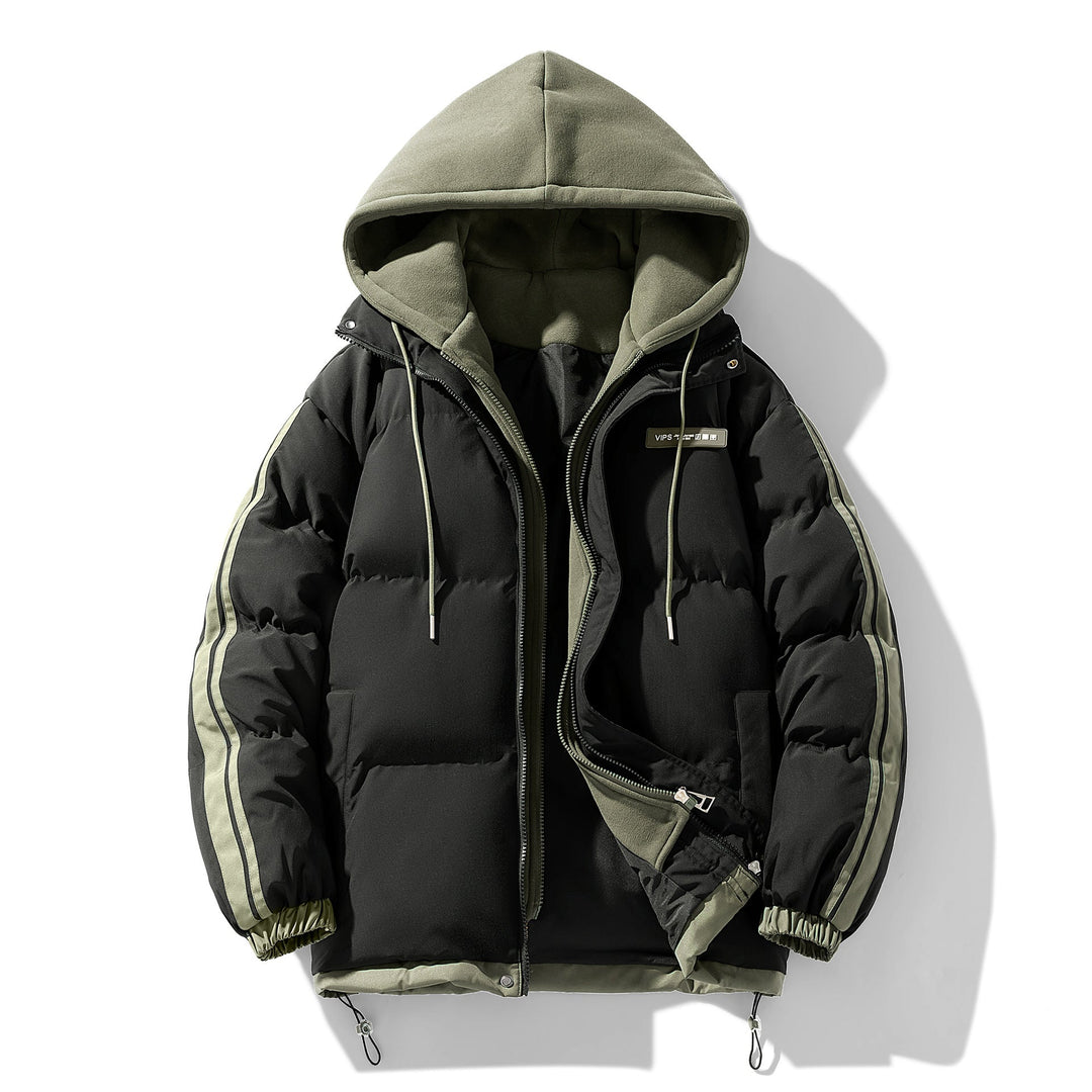 Men’s padded parka with an integrated hoodie and two-way zipper