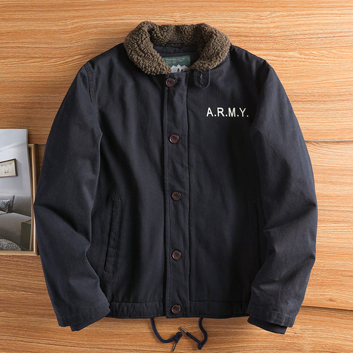 Men’s canvas jacket with a teddy collar, insulated lining, and drawstring waist