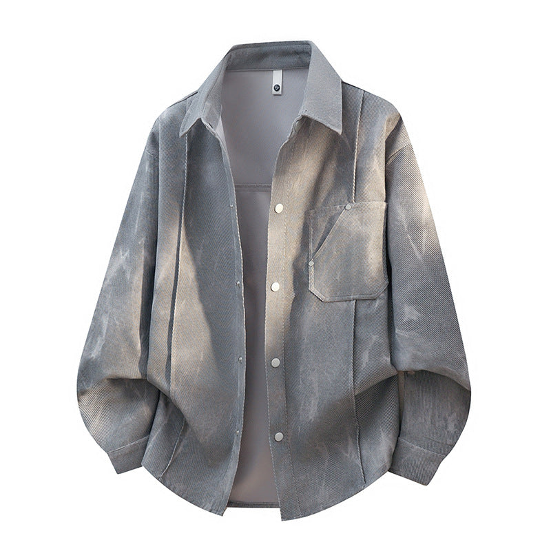 Men’s oversized corduroy work shirt in a tie-dye look with snap-button placket