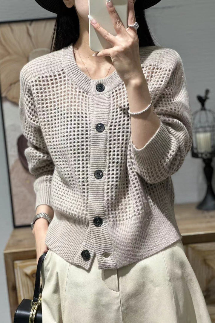 Women's mesh cardigan with a round neckline, button placket, and long sleeves