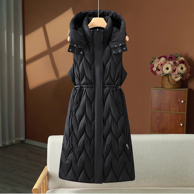 Women's long sleeveless quilted vest with hood and adjustable drawstring waist