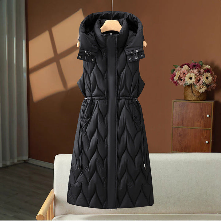 Women's long sleeveless quilted vest with hood and adjustable drawstring waist