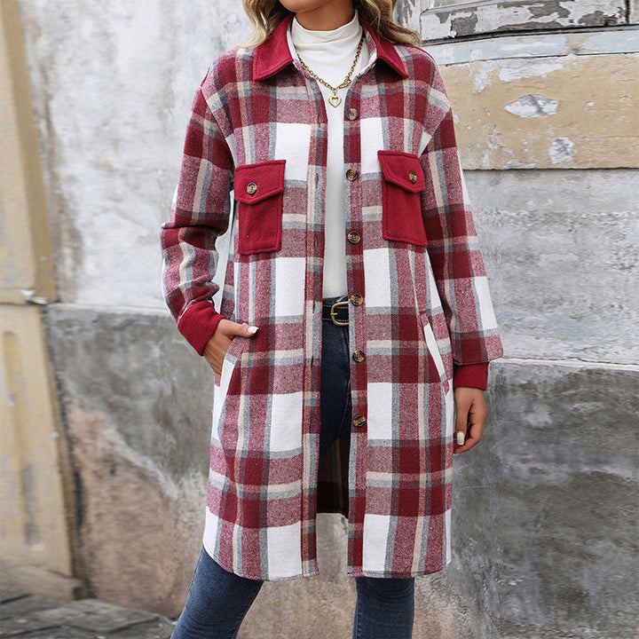 Women's shirt jacket with a checked pattern, pockets, buttons, and long sleeves