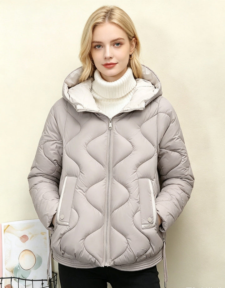 Women's padded short jacket with heart-shaped quilting, a rounded hem, and a hood