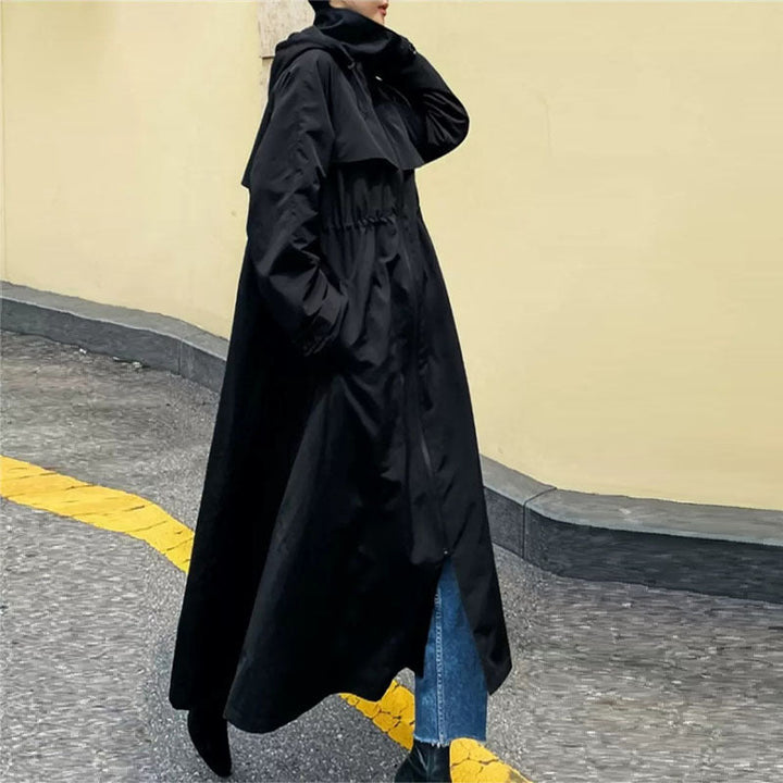 Women’s oversized maxi-length coat with hood and cape yoke