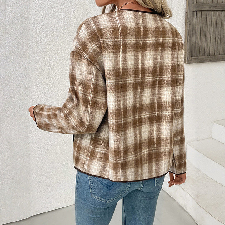 Women's checked transitional jacket with a round neckline and pockets