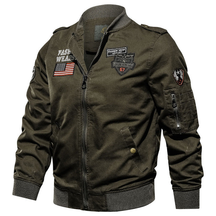 Men's Long-Sleeve Bomber Jacket with Buttons and Pockets