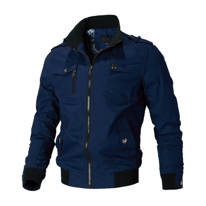 Men’s durable canvas bomber jacket with epaulettes and zip-front closure