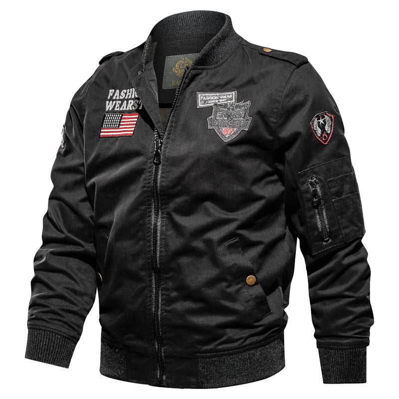Men's Long-Sleeve Bomber Jacket with Buttons and Pockets