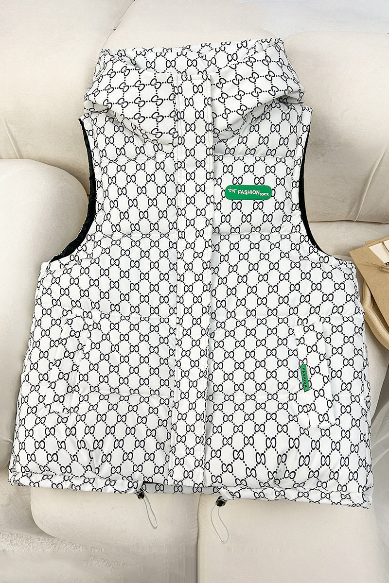 Women's quilted hooded vest with all-over logo print, padded insulation, and adjustable hem