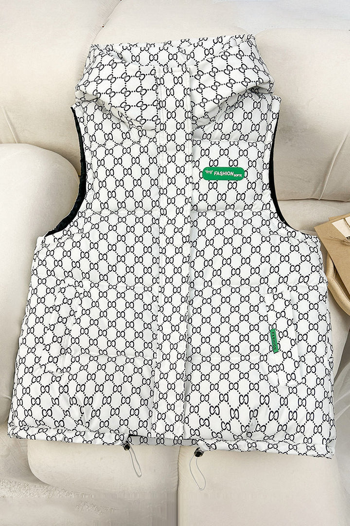 Women's quilted hooded vest with all-over logo print, padded insulation, and adjustable hem