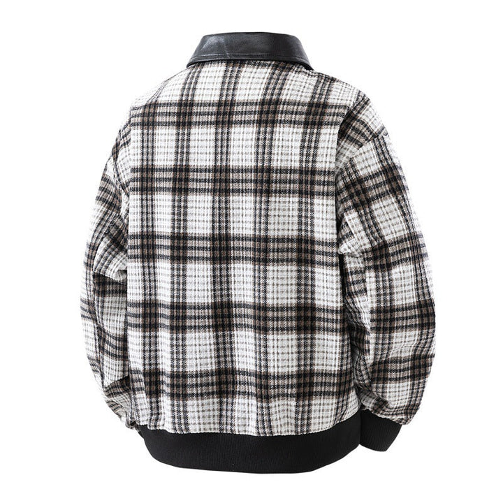 Men’s plaid overshirt jacket with a faux leather collar and lined interior