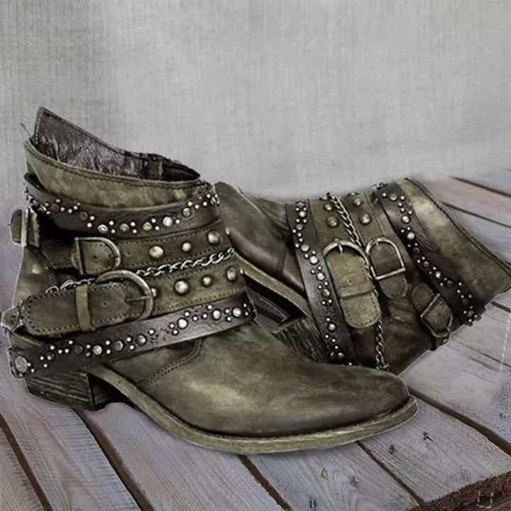 Women's western ankle boots with buckle straps and chains