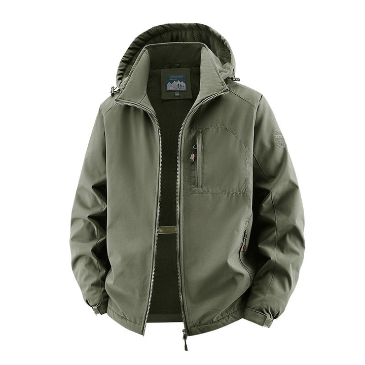Men’s softshell tactical jacket with concealed hood and chest pocket