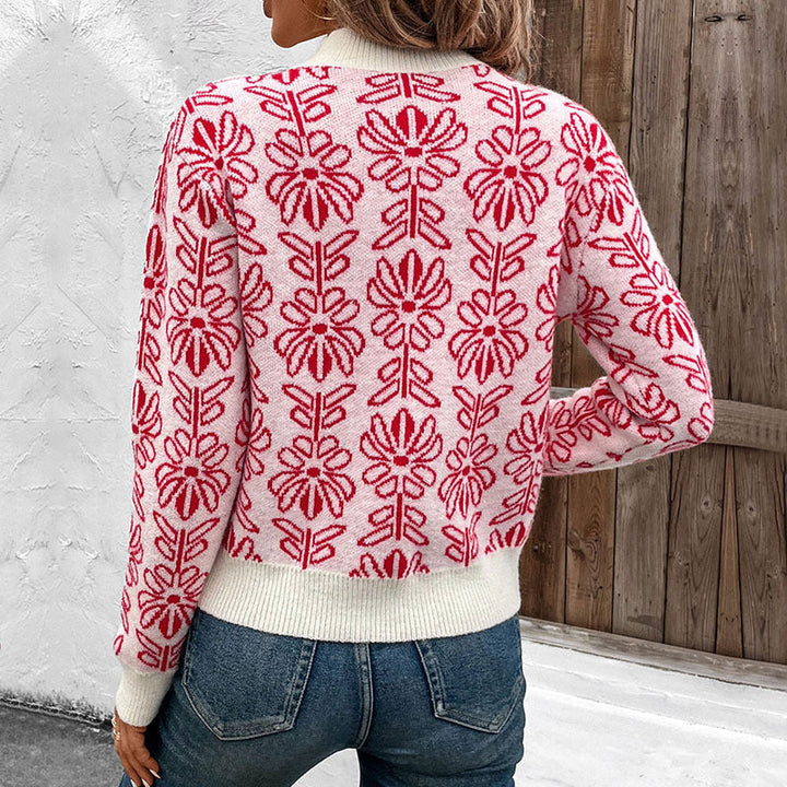 Women's round-neck sweater with floral pattern and ribbed cuffs