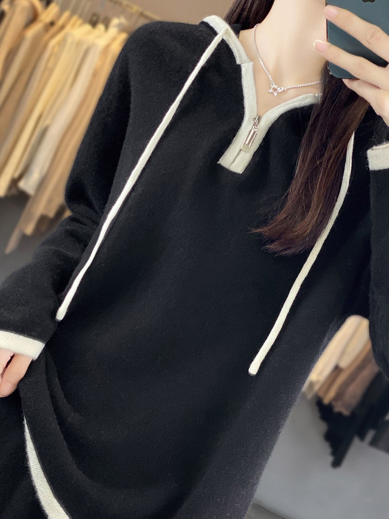 Women's two-piece set with a hood, wide-leg pants, and pockets
